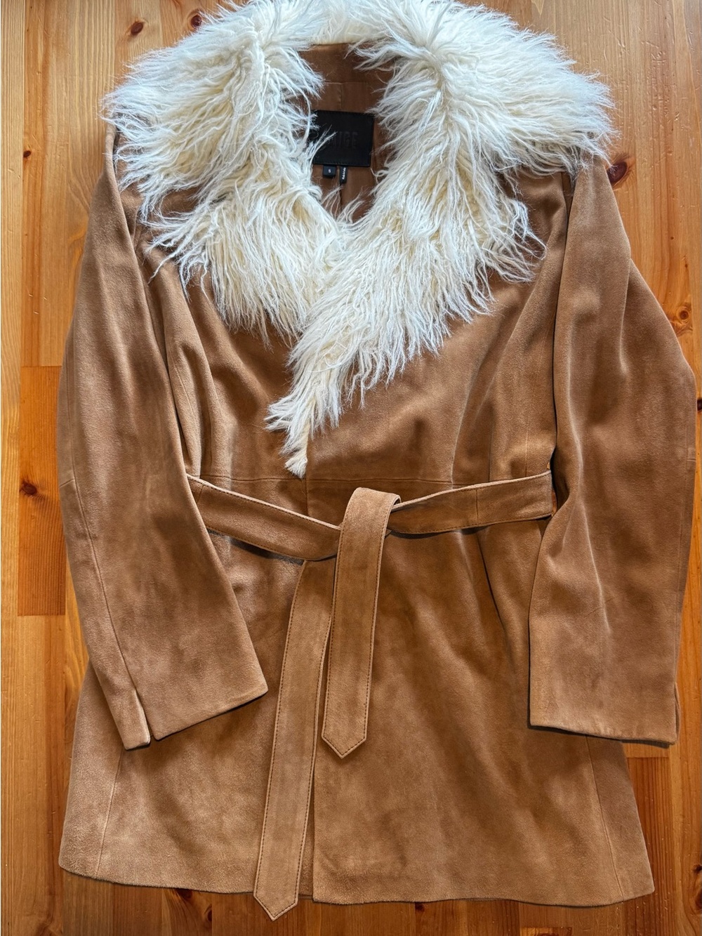 PAIGE Kairo Camel Suede Jacket with Cream Faux Fur Collar
